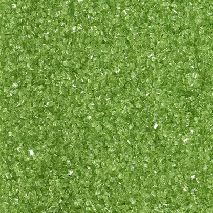 Close-up of bright lime green sanding sugar showing coarse, translucent green sugar crystals with a sparkling, faceted texture.