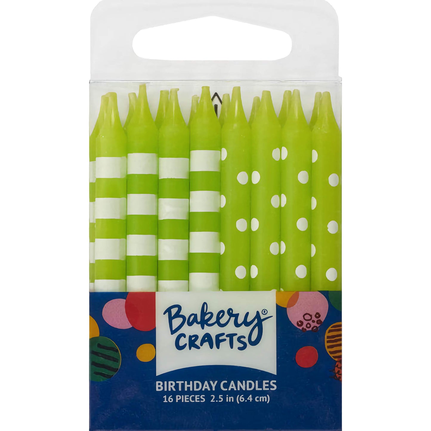 Lime Green Stripes & Dots Birthday Candles - 16 Pack, featuring candles in lime green with white stripes and polka dots, perfect for adding a festive touch to any birthday celebration.