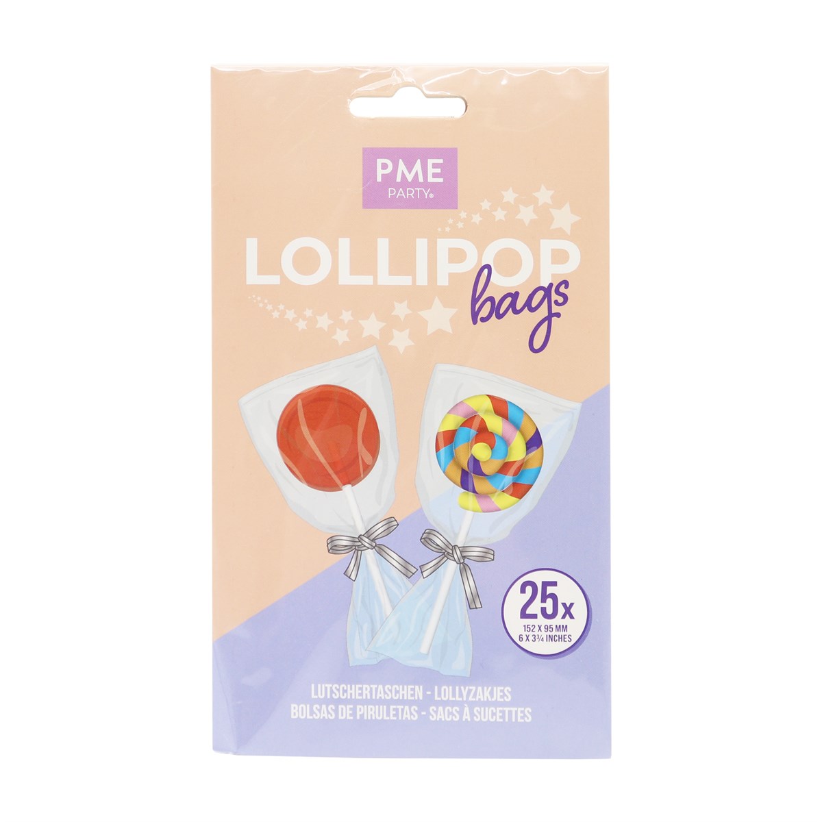 PME Lollipop Bags with silver twist ties, pack of 25, shown in pastel-themed packaging with illustrated lollipops.