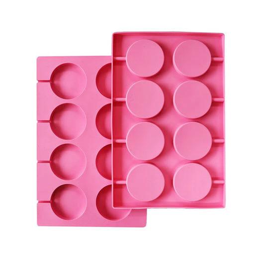 Two pink silicone lollipop molds, each with 8 large round cavities, designed for making hard candy and chocolate pops.