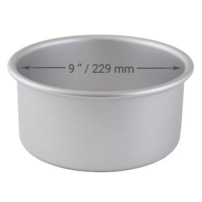 9" Diameter x 3" Deep loose bottom round aluminum cake pan with removable base, ideal for sponge cakes and even baking.