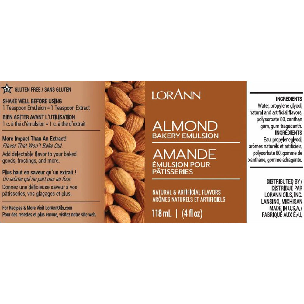 LorAnn Almond Bakery Emulsion label with ingredients, usage instructions, and flavor impact details.