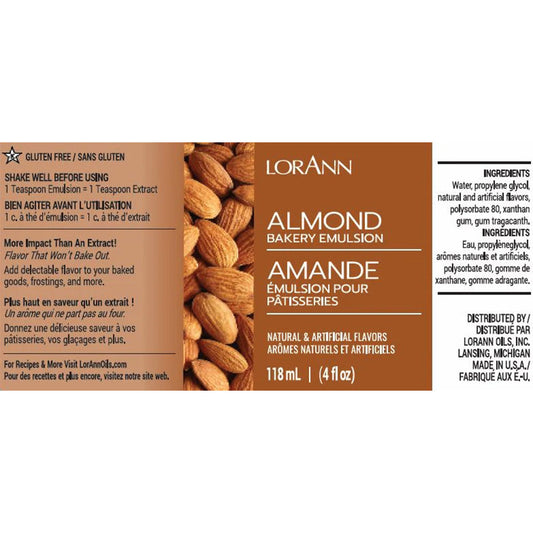 LorAnn Almond Bakery Emulsion label with ingredients, usage instructions, and flavor impact details.