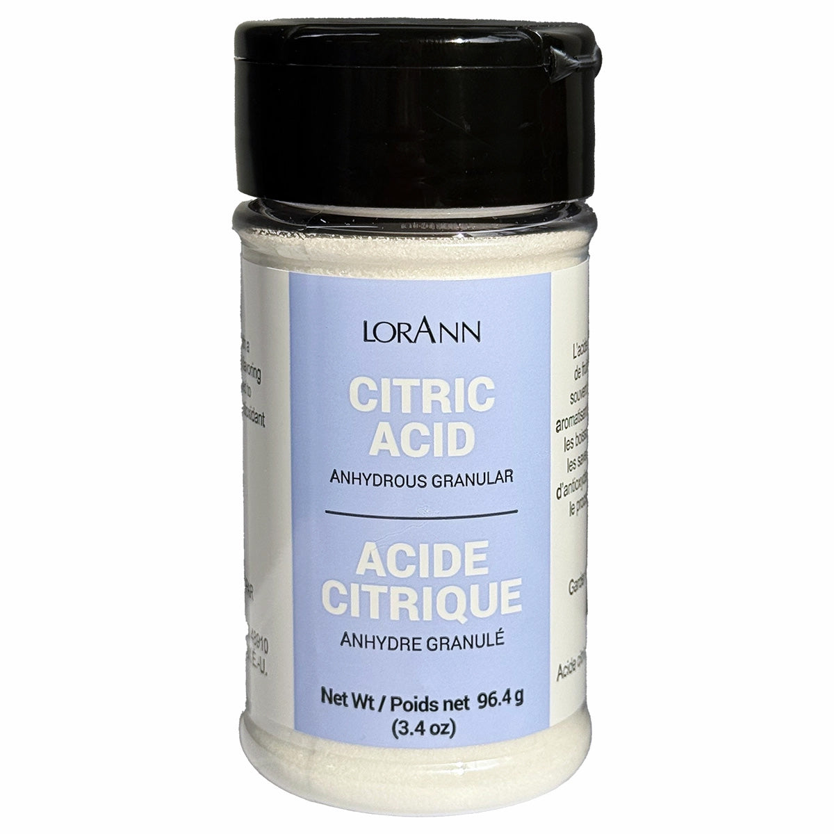LorAnn citric acid crystals jar with black lid and light blue label reading “Citric Acid, Anhydrous Granular,” net weight 3.4 oz, shown on a white background.