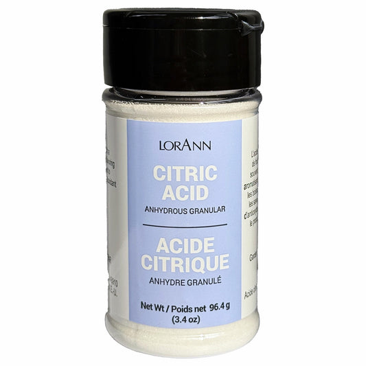 LorAnn citric acid crystals jar with black lid and light blue label reading “Citric Acid, Anhydrous Granular,” net weight 3.4 oz, shown on a white background.