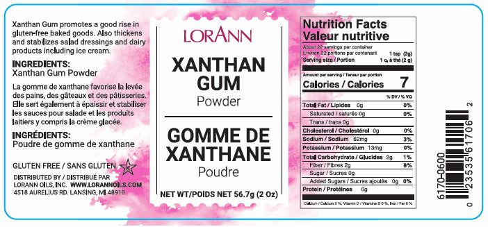 Back label of LorAnn Xanthan Gum Powder showing nutrition facts, ingredients, usage instructions, and gluten-free/kosher certifications