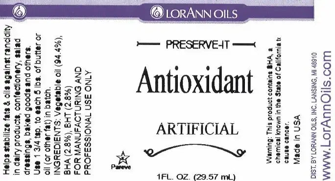 LorAnn Oils Preserve-It Antioxidant Artificial label, 1 fl oz, for stabilizing fats and oils against rancidity.