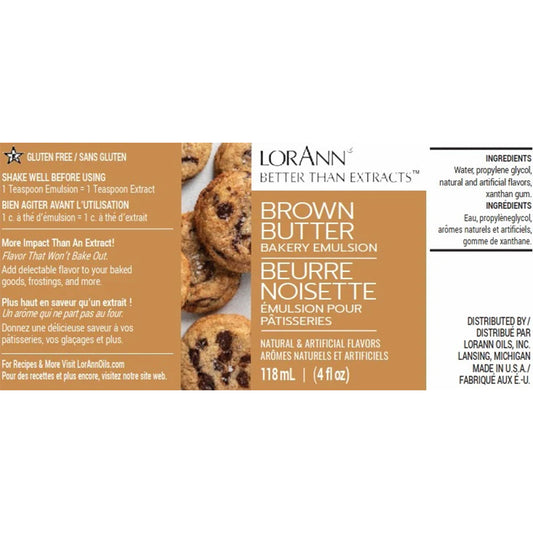 LorAnn Brown Butter Bakery Emulsion label close-up showing gluten free note, usage guidance, and ingredients text, with cookie imagery on the label.