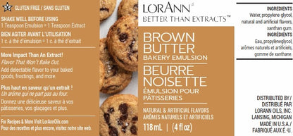 LorAnn Better Than Extracts Brown Butter Bakery Emulsion label showing “Brown Butter,” “Bakery Emulsion,” gluten free icon, ingredients panel, and 4 fl oz (118 mL) size.