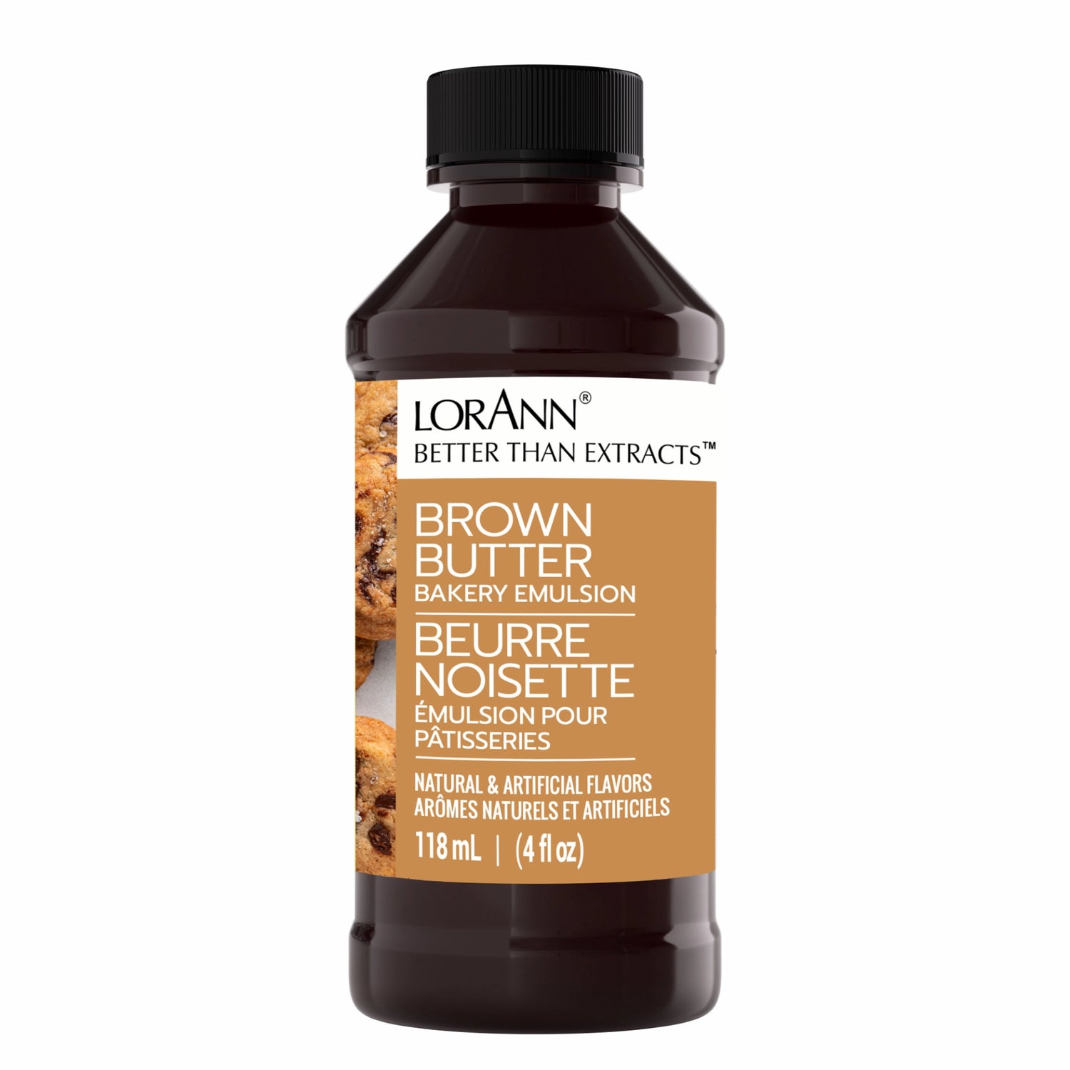 LorAnn Brown Butter Bakery Emulsion bottle with black cap and tan label, labeled “Better Than Extracts,” 4 fl oz (118 mL), shown on a white background.