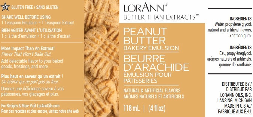 LorAnn Peanut Butter Bakery Emulsion label panel with tan and white sections showing gluten free note, usage directions, ingredients list, and 4 fl oz size