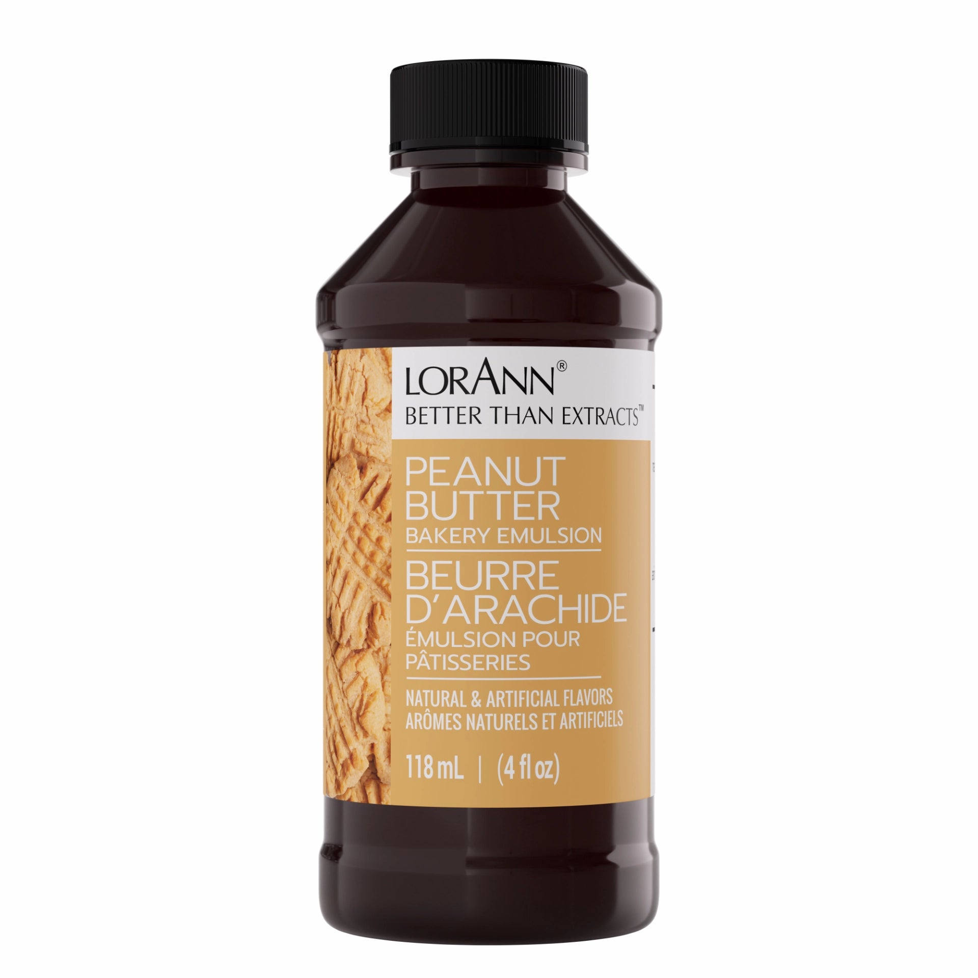 Front view of a LorAnn Better Than Extracts Peanut Butter Bakery Emulsion bottle with a black cap, dark brown bottle, and tan label that reads “Peanut Butter”