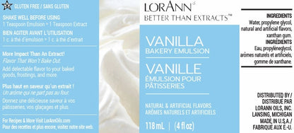 LorAnn Vanilla Bakery Emulsion packaging label panel showing light blue and white design, usage directions, ingredients list, and 4 fl oz size information