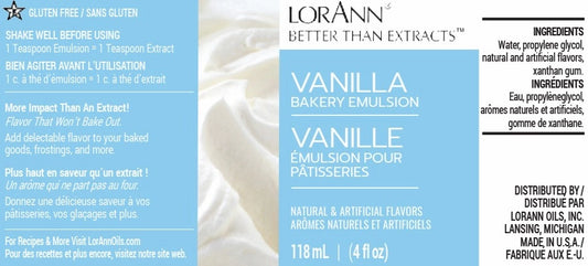 LorAnn Vanilla Bakery Emulsion packaging label panel showing light blue and white design, usage directions, ingredients list, and 4 fl oz size information