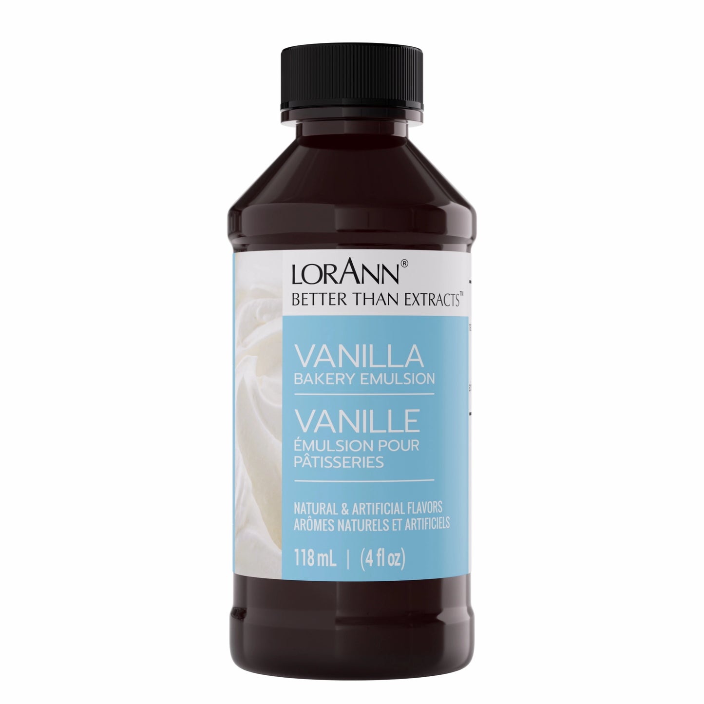 Front view of a LorAnn Better Than Extracts Vanilla Bakery Emulsion bottle with a black cap and a light blue label on a dark brown bottle