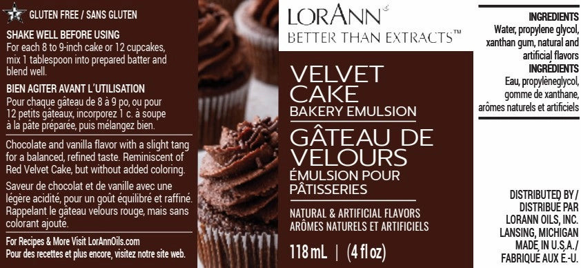 LorAnn Velvet Cake Bakery Emulsion label panel with brown and white sections showing gluten free note, usage directions, flavor description, and ingredients list
