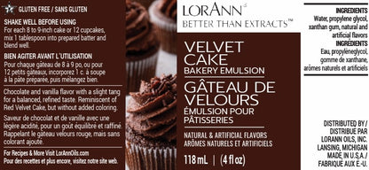 LorAnn Velvet Cake Bakery Emulsion label panel with brown and white sections showing gluten free note, usage directions, flavor description, and ingredients list