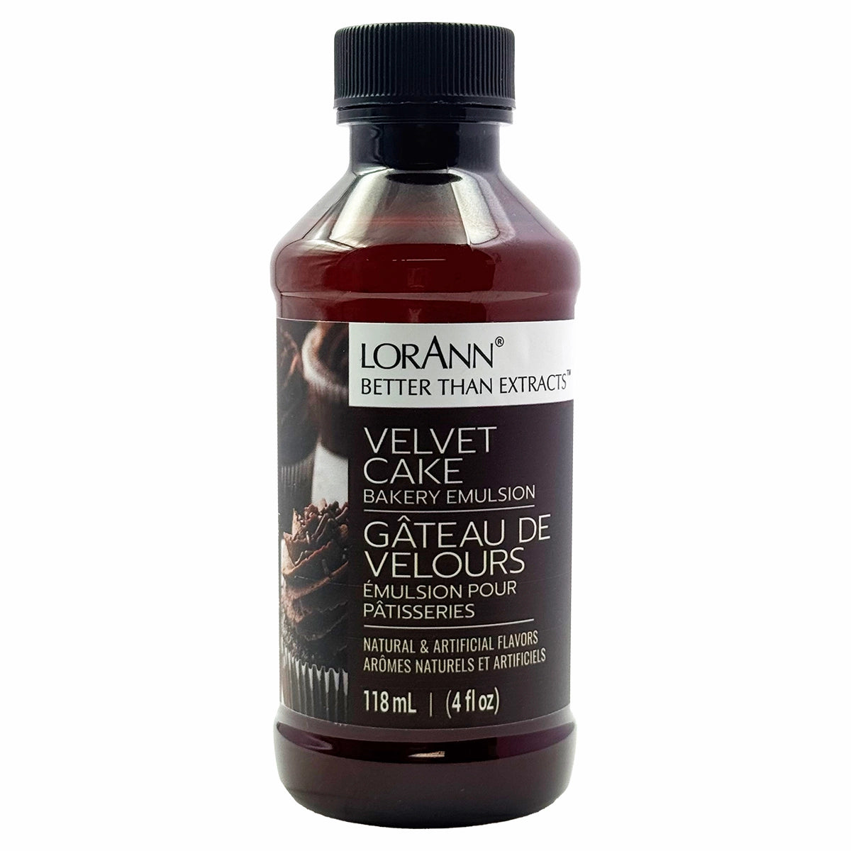 Front view of a LorAnn Better Than Extracts Velvet Cake Bakery Emulsion bottle with a black cap, dark amber liquid, and a brown label featuring chocolate cupcakes