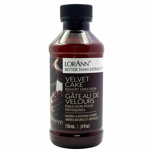Front view of a LorAnn Better Than Extracts Velvet Cake Bakery Emulsion bottle with a black cap, dark amber liquid, and a brown label featuring chocolate cupcakes
