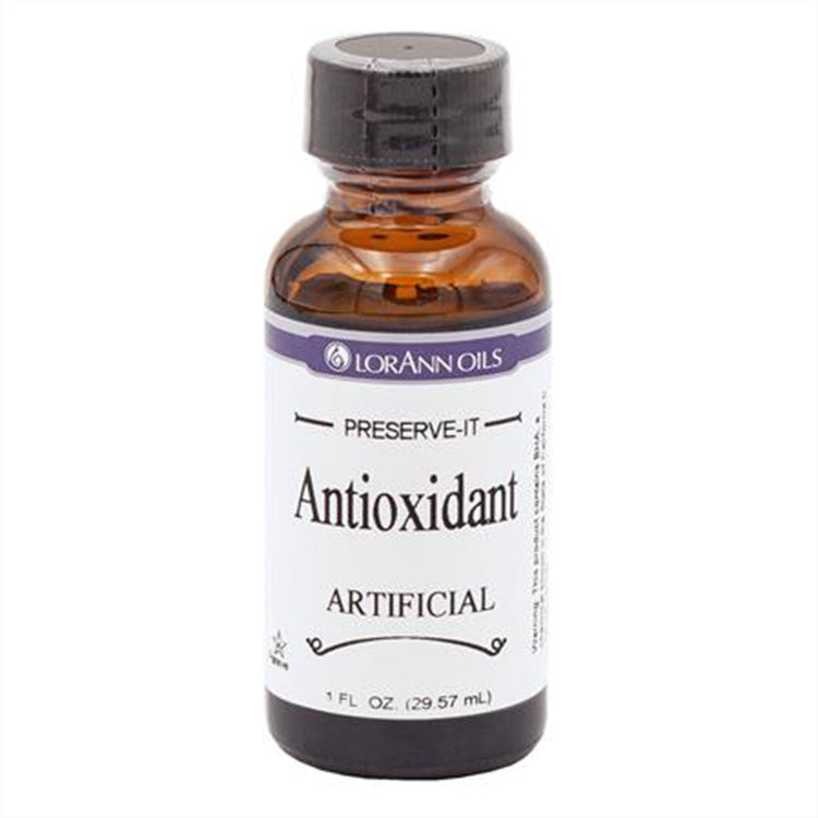 Amber bottle of LorAnn Preserve-It Antioxidant with black cap and white label reading “Preserve-It Antioxidant Artificial,” 1 fl oz, on a white background.