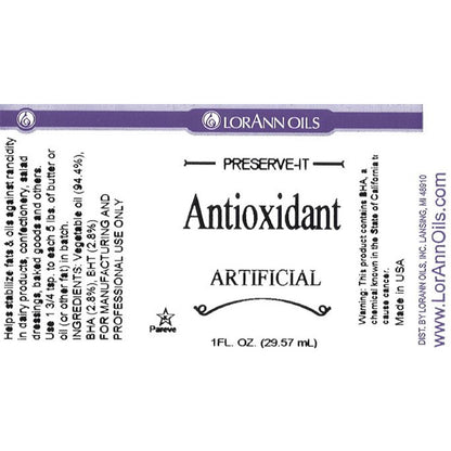 Close-up of the LorAnn Preserve-It Antioxidant label showing the product name, “Artificial,” and 1 fl oz (29.57 mL) text across a white label with purple accents.