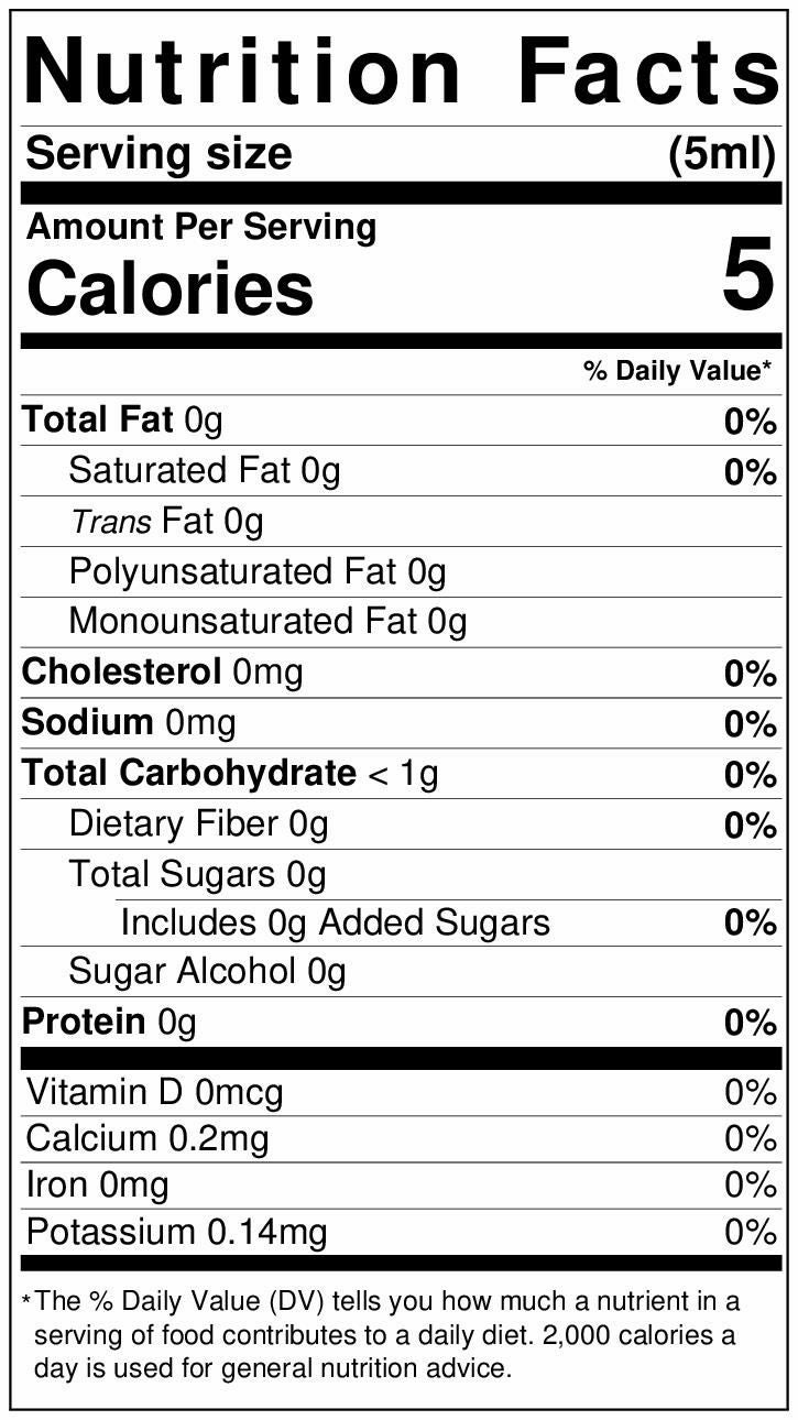 Nutrition facts label showing details for a 5 ml serving size, with 5 calories per serving and 0% of daily value for total fat, cholesterol, and sodium.