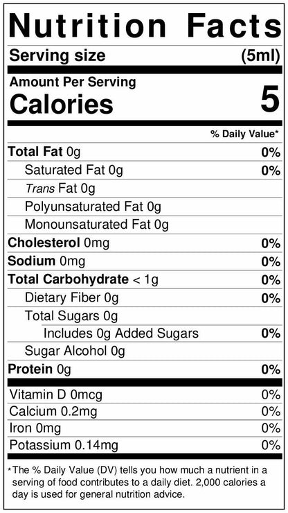 Nutrition facts label showing details for a 5 ml serving size, with 5 calories per serving and 0% of daily value for total fat, cholesterol, and sodium.