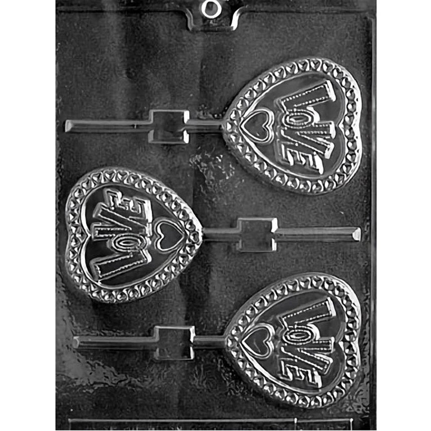 Sucker chocolate mold with three heart-shaped cavities, each detailed with the word 'LOVE' surrounded by an ornate border, designed for making heart lollipop chocolates.
