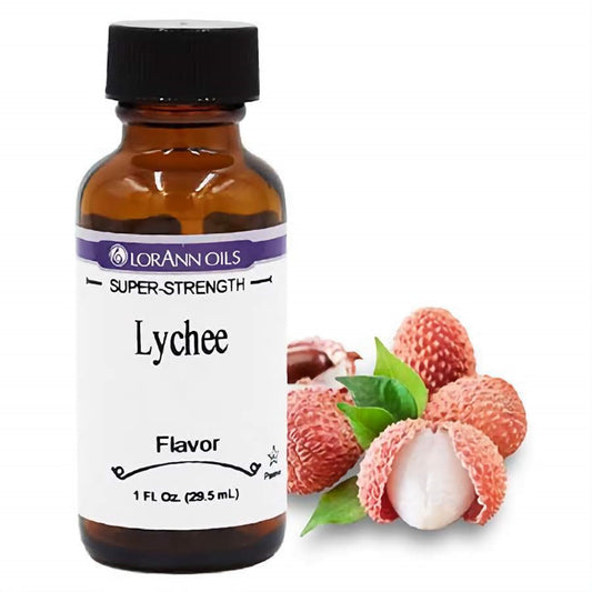 1 fl oz bottle of LorAnn Oils Super Strength Lychee Flavor, with exotic lychee fruits, reflecting the sweet and floral notes of lychee.