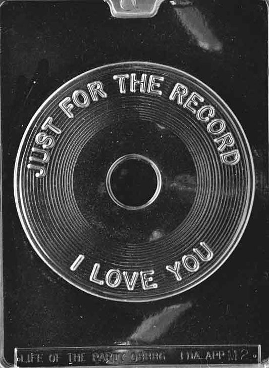 Chocolate mold M002 Love Record with large round disc design resembling a vinyl record, featuring "Just for the Record" text in detail.