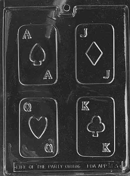 Chocolate mold M003 Cards featuring rectangular chocolate pieces shaped like playing cards with detailed surface design.