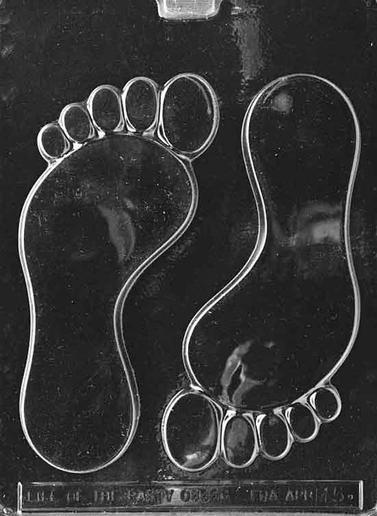 Chocolate mold M005 Big Feet featuring large footprint-shaped cavities with clear toe and sole details for novelty chocolates.