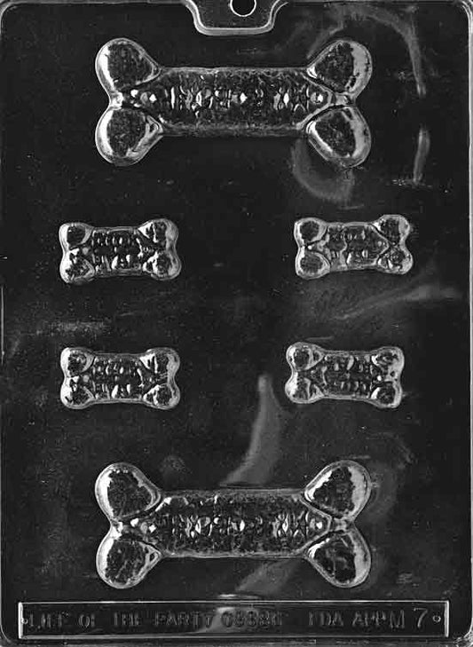 Chocolate mold M007 People Bones featuring both large and small bone shapes with engraved writing for spooky chocolate treats.
