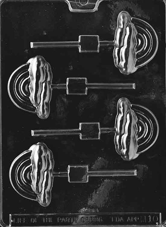 Chocolate mold M010 Rainbow Lollipop with arched rainbow pop design, detailed with curved bands for cheerful chocolate treats.