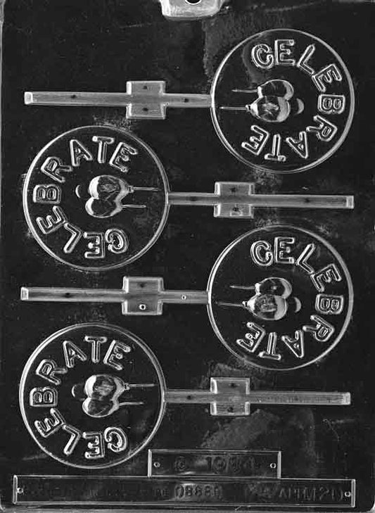 Chocolate mold M020 Celebrate Lollipop with round chocolate pop design featuring bold "Celebrate" lettering.