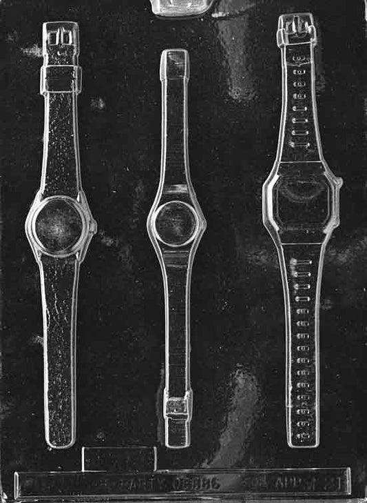 Chocolate mold M021 Wrist Watch featuring long narrow watch-shaped cavity with strap and face details for novelty chocolates.
