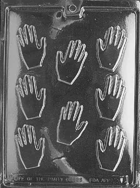 Chocolate mold M022 Small Hands featuring miniature handprint shapes with finger detail for chocolate treats.