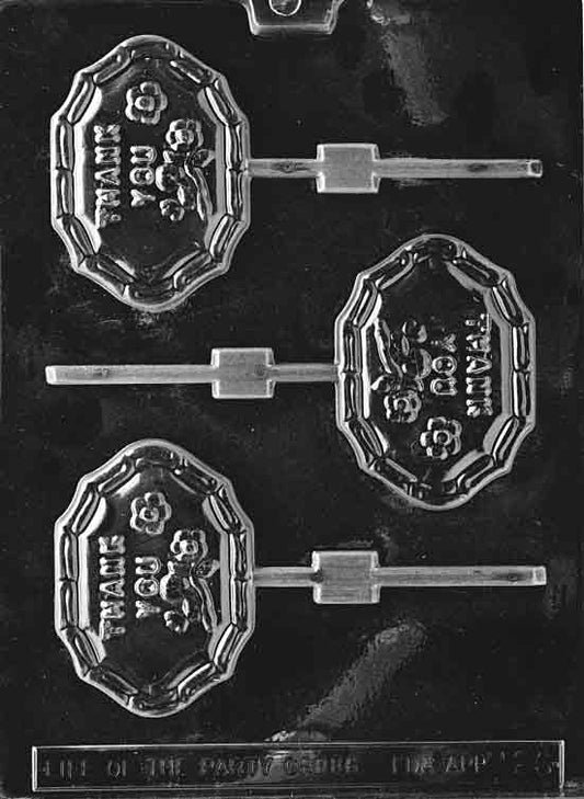 Chocolate mold M026 Thank You Lollipop with rectangular pop shape featuring raised "Thank You" lettering.