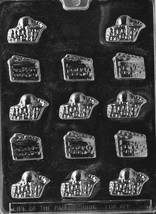 Chocolate mold M027 Small Pie & Cake with miniature cake and pie slice designs for novelty chocolate treats.