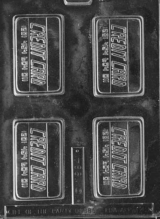 Chocolate mold M029 Charge It Credit Card with rectangular card-shaped cavity featuring raised detail for novelty chocolates.