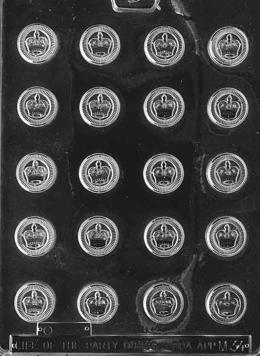 Chocolate mold M034 Checker Pieces Crowns with round token shapes featuring raised crown design for chocolate treats.