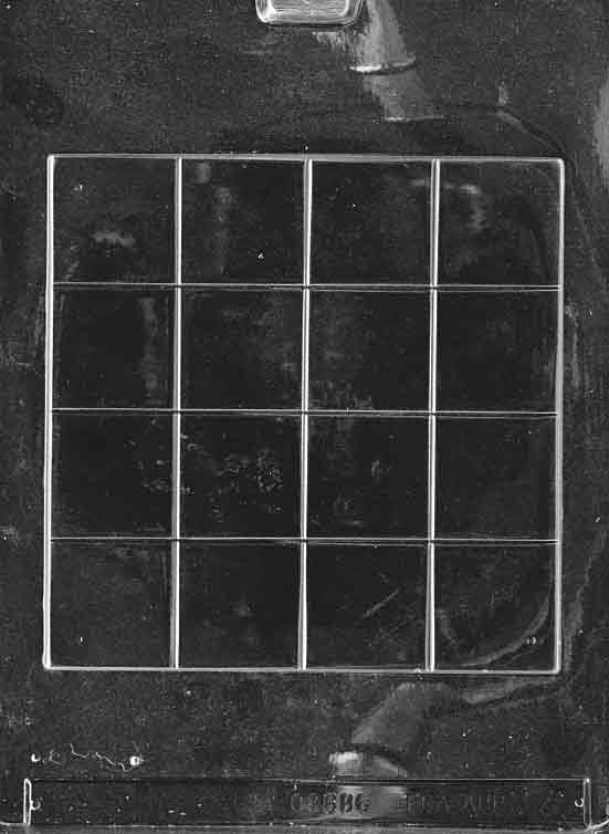 Chocolate mold M035 Chess & Checker Board, square 6 x 6 panel with recessed 64-square grid and crisp edges, made for pairing with chess or checker pieces.