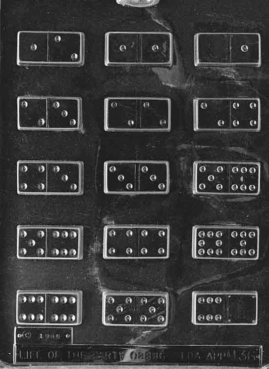 Chocolate mold M036 Dominoes with small rectangular tile cavities, raised center line and pip dots, sized for mini candy game pieces.