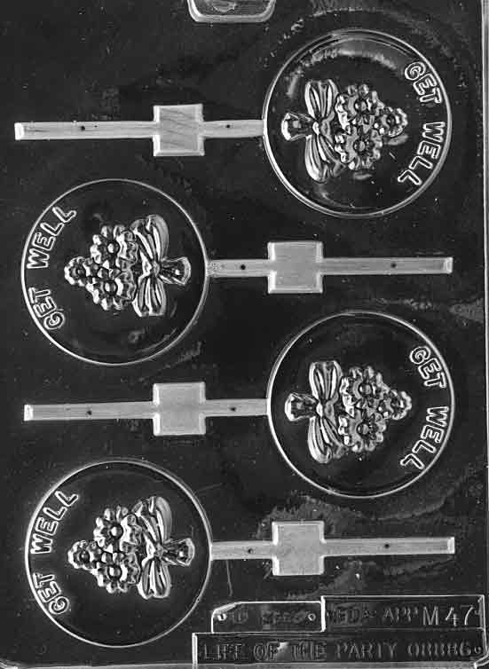 Chocolate mold M047 Get Well Lollipop with round chocolate pop design featuring raised "Get Well" message.