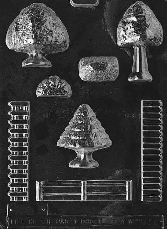 Chocolate mold M050 Accessories for Village with tree and accessory details for edible chocolate scenes.