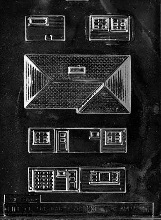 Chocolate mold M051 Ranch House with wall and roof panel shapes for creating chocolate houses.