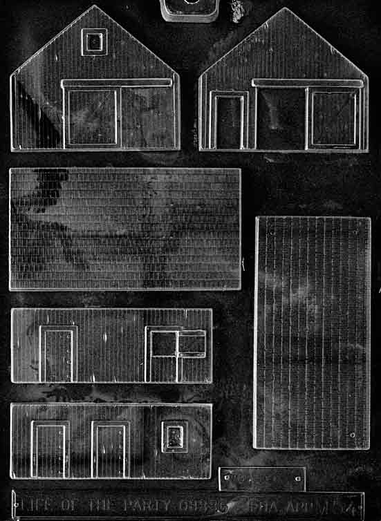 Chocolate mold M054 Barn with building panel shapes designed for chocolate barn construction.