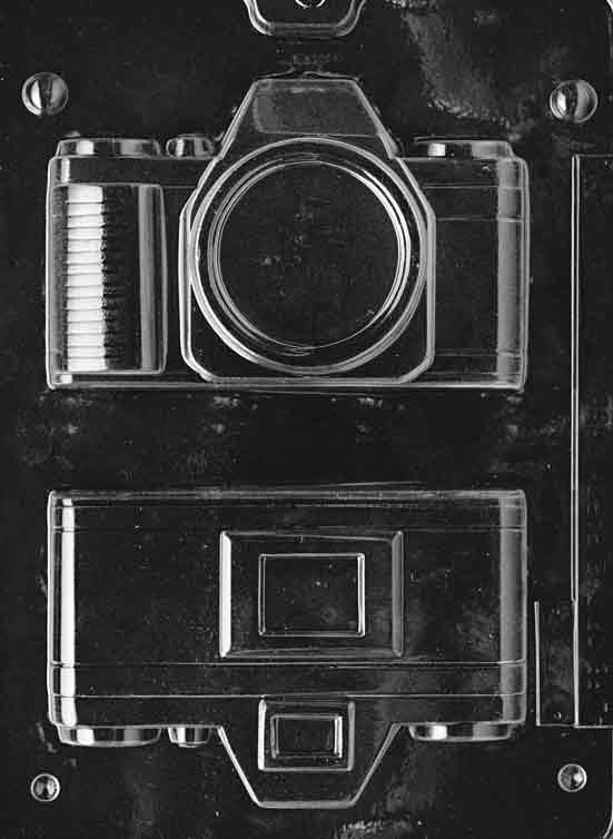 Chocolate mold M063 Camera with rectangular body and circular lens details for novelty chocolate treats.