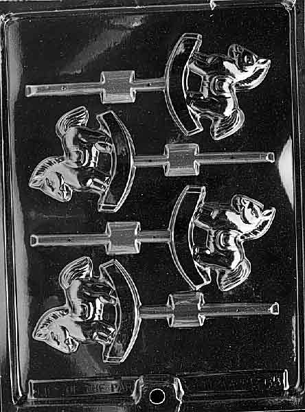 Chocolate mold M065 Rocking Horse Lollipop with small horse shape on rocker base for baby shower chocolates.