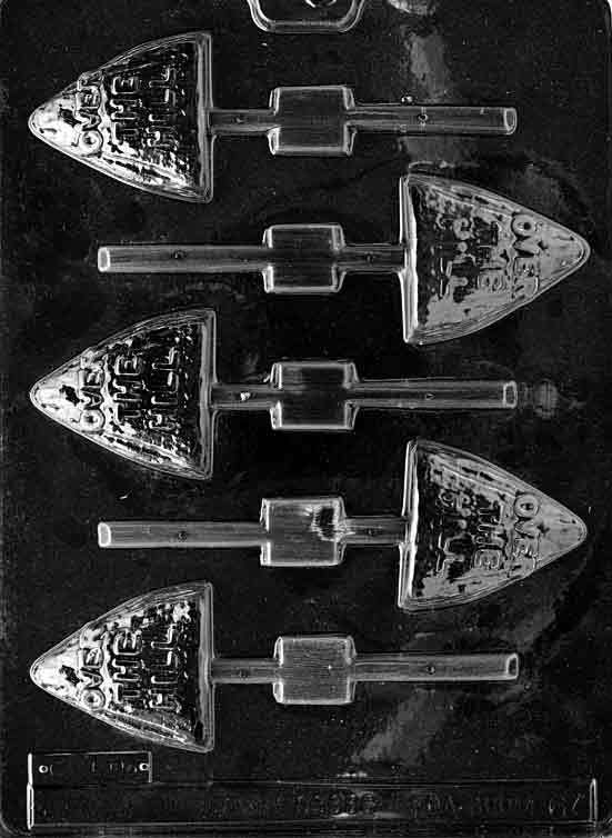Chocolate mold M067 Over the Hill Lollipop with square chocolate pops featuring raised lettering.